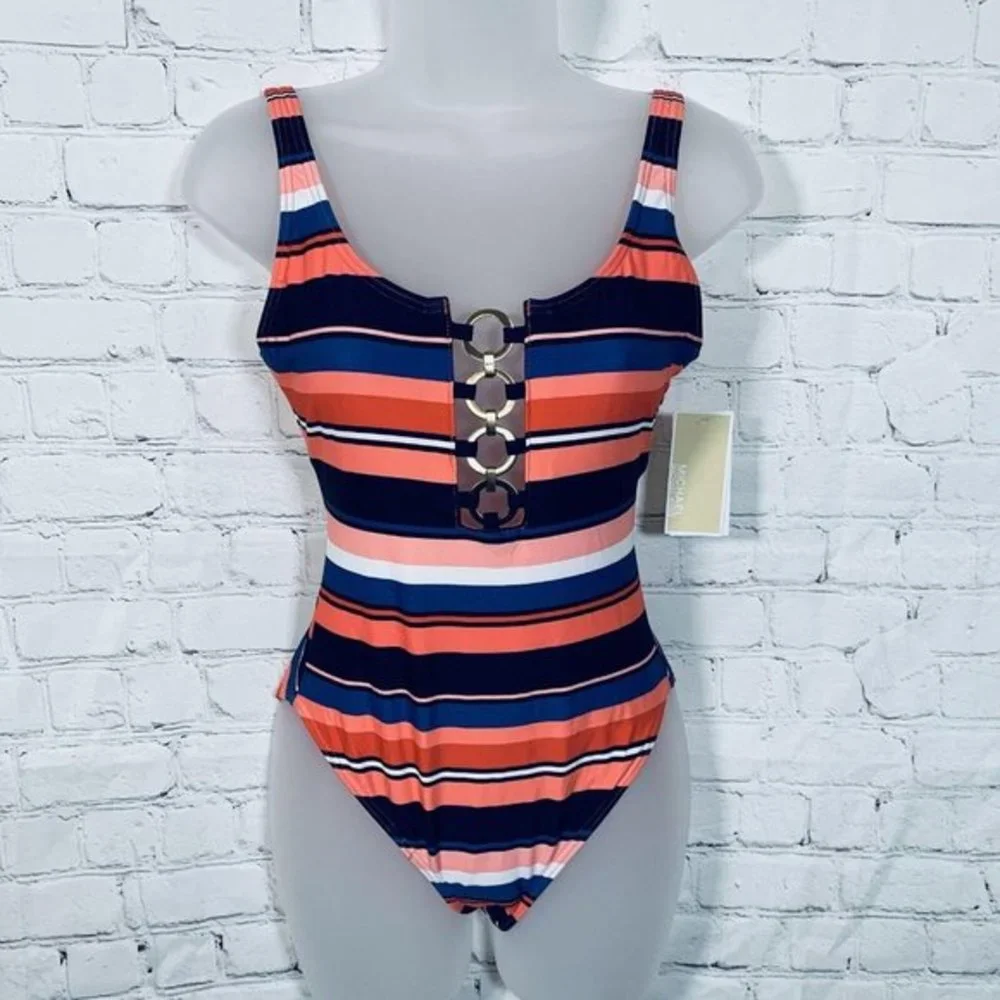 ☀️Michael Kors Striped Chain-Ring One-Piece Swimsuit Persimmon Multi Size 4 NWT - Picture 1 of 8